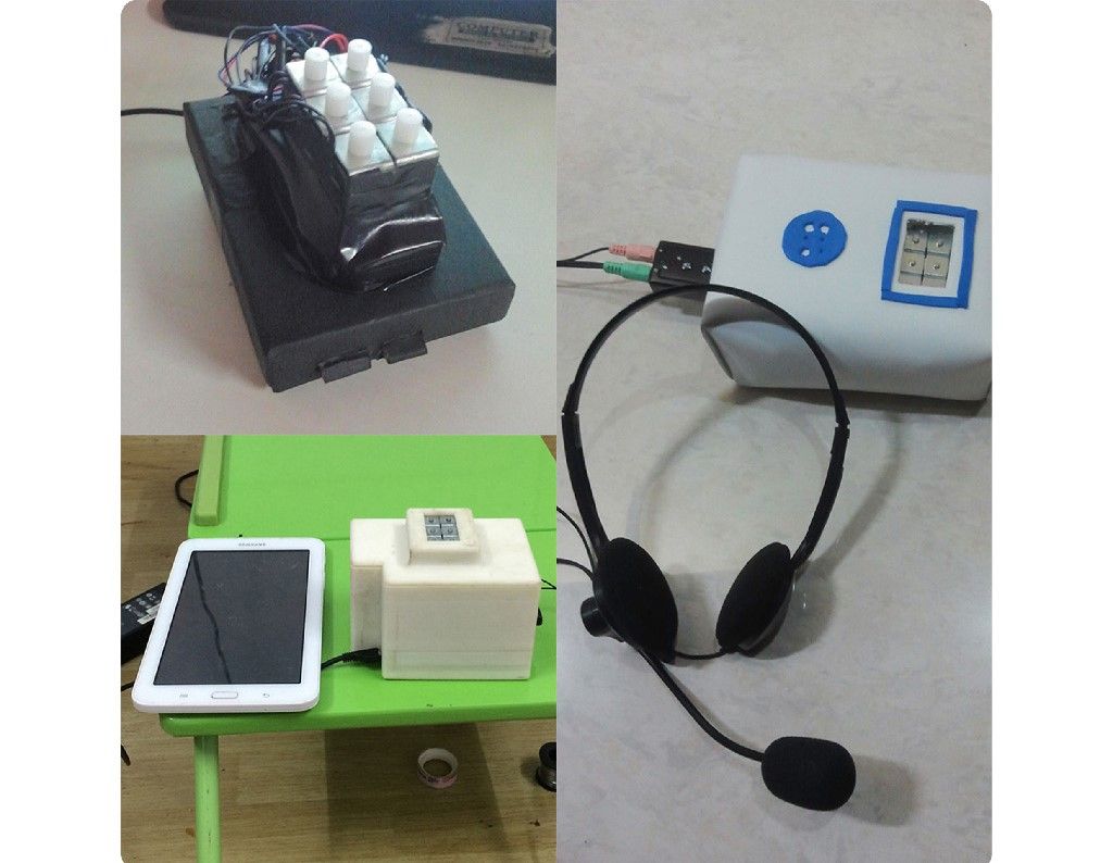 The top left of the image displays a rudimentary Braille dicta-teacher, with six buttons aligned to resemble a standard Braille cell. The right side of the image displays the finished version of the device, placed in a blue and white casing with an opening for the Braille cell. A pair of on-ear headphones are also connected to the device. The bottom-left image shows another version of the device, with a Samsung table on its right, on a green table  The