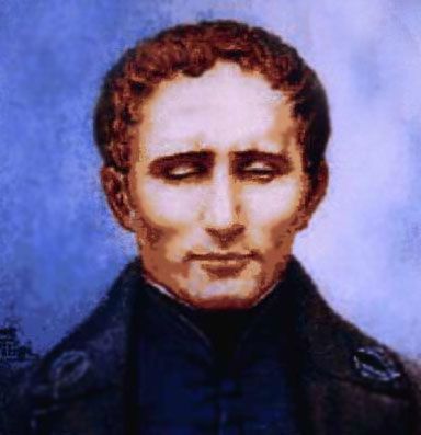 Common Portrait of Louis Braille. He is wearing a dark blue jacket and shirt, and has curly brown hair