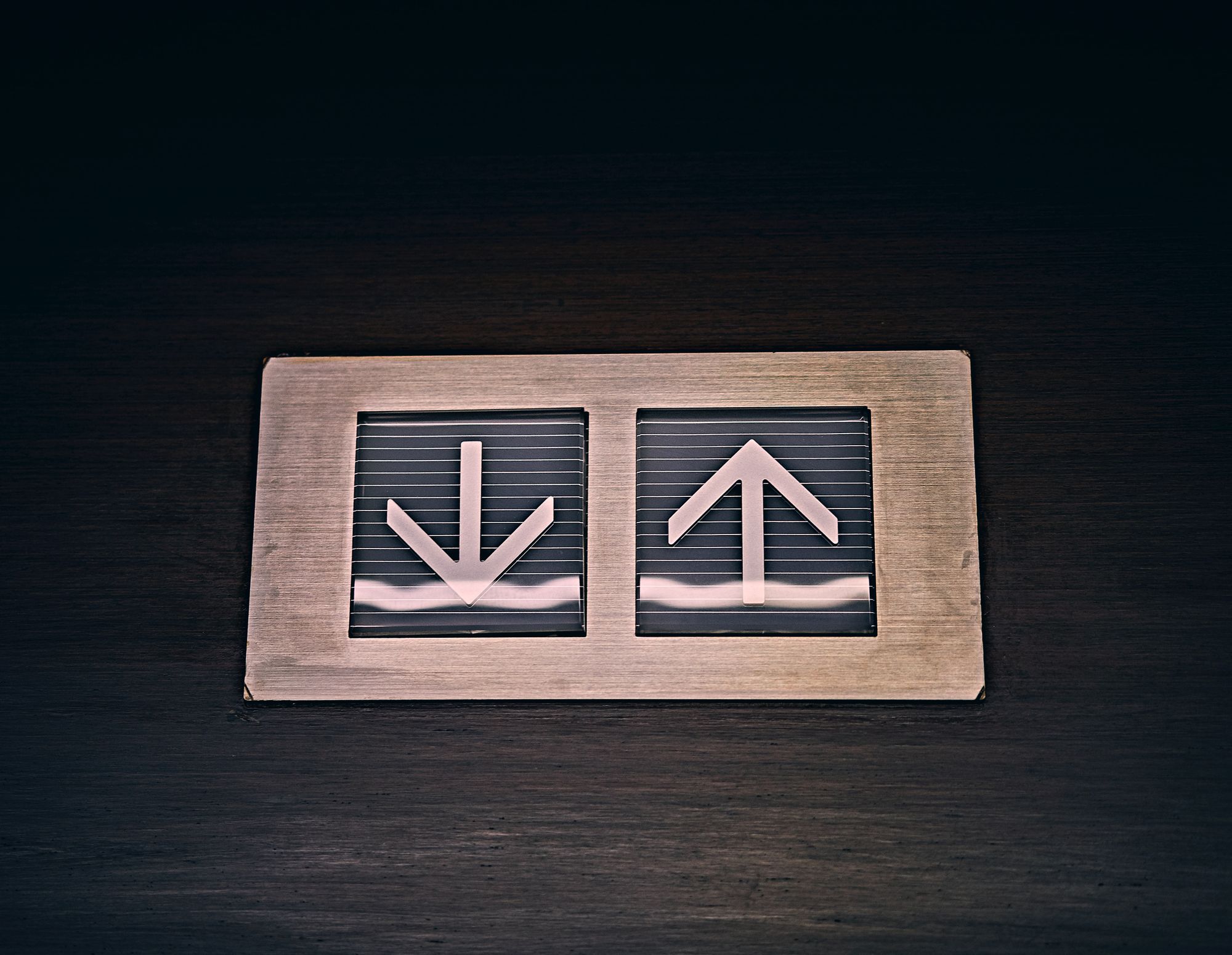 Elevator buttons are displayed set in a metallic frame against black wood. One of the buttons has a down arrow and the other, an up arrow