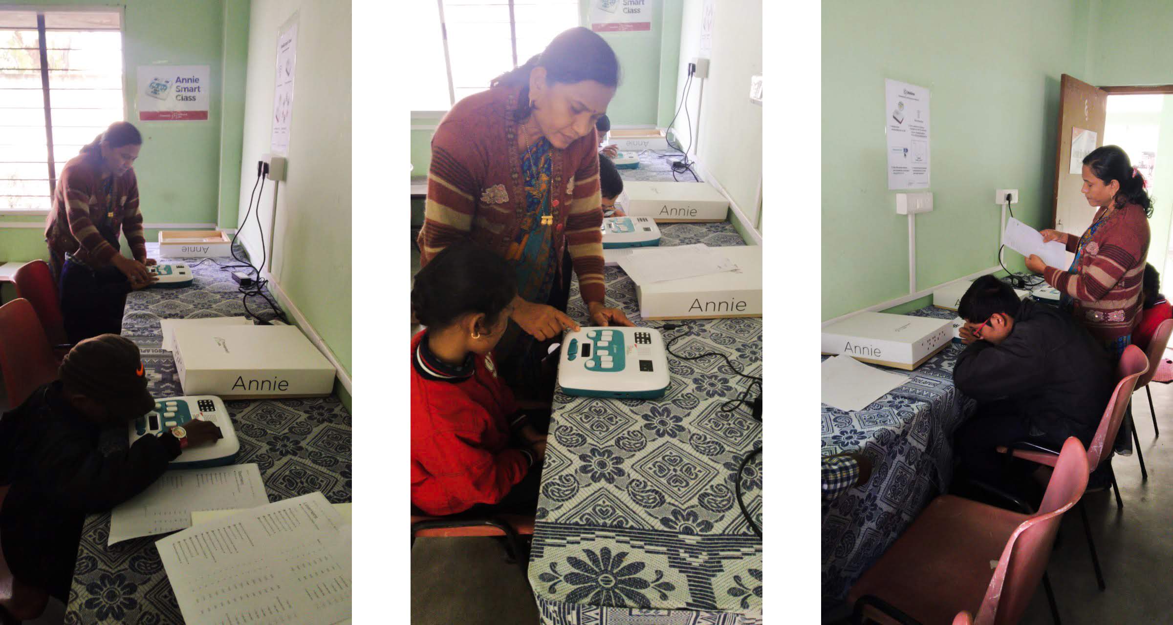 In three images, a teacher assists her students in using their Annie and checks their proficiency with Braille