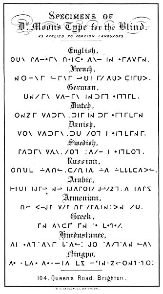 The first line of the Lord's Prayer in Moon type, from William Moon's book Light for the Blind, London: Longmans & Co., 1877. The English line is from the 1611 King James Version of the Bible and reads "Our Father, which art in heaven."