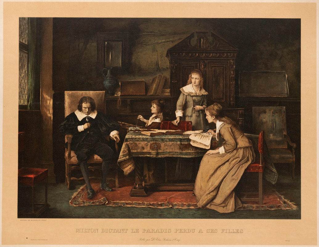 Scene with John Milton seated at left with his head down at a table with three women at right, two with writing instruments and paper. Image title: "Milton Dictant Le Paradis Perdu A Ses Filles."
