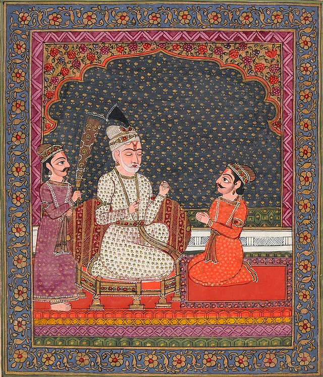 Seated on the throne and served by an attendant waving a whisk made of peacock feathers, the blind king Dhrtarastra listens as the visionary narrator Sanjaya relates the events of the battle between the Kaurava and the Pandava clans