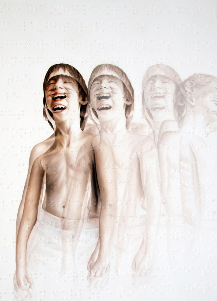 Roy Nachum's Tears of Laughter depicts a number of portraits of a young boy, from solid to translucent in form. There is Braille text imprinted on the painting 