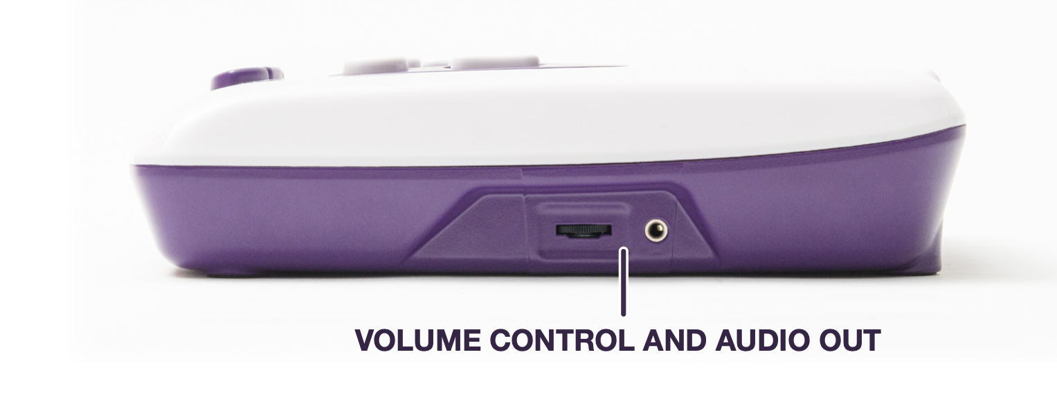 Image of the right face of the Polly with the following component labels: Volume Control Knob followed by a Audio Jack 