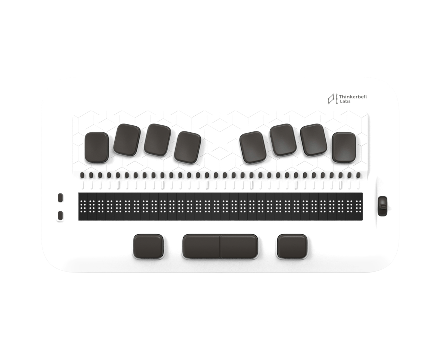 The Tactera in white, viewed from directly above. The eight Perkins writing keys sit in two angled banks of four, separated by a gap in the middle. The row of 32 cursor routers runs directly beneath them, then the 32-cell braille display spans the full width as a dark strip of raised dots. Three command keys line the front edge, the centre one a wide split bar, and a power switch sits on the right-hand side.