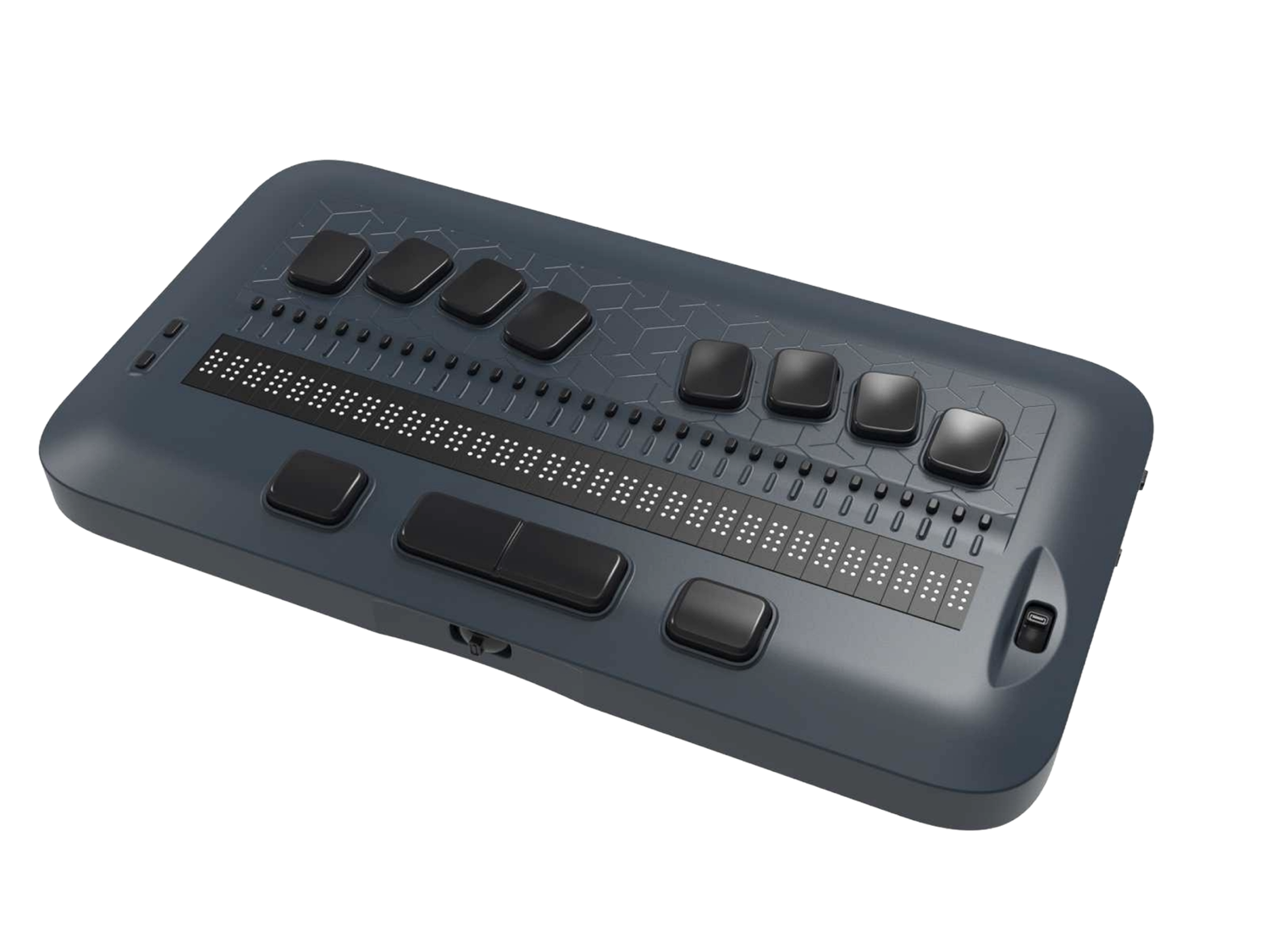 The Tactera notetaker, a slim slate-grey slab shown at an angle: eight arched Perkins-style writing keys sit across the top face, a row of 32 small cursor-router buttons runs beneath them, the 32-cell refreshable braille display shows raised dots along the middle, and three command keys line the front edge.